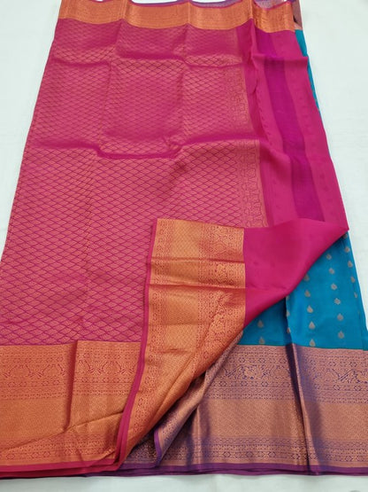 Blue And Orange Kanchipuram Pure Silk Saree With Temple Border – Kanchipuram Lakshaya Silks