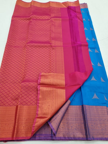 Blue And Pink Kanchipuram Pure Silk Saree With Zari Border – Kanchipuram Lakshaya Silks