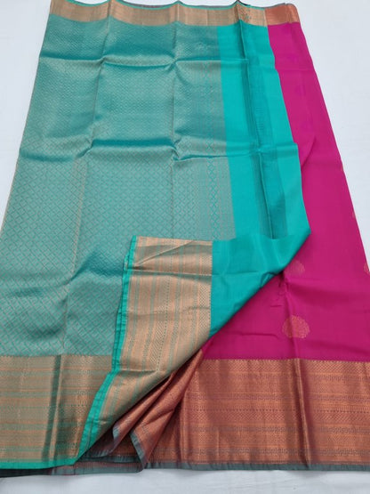 Red And Pink Kanchipuram Pure Silk Saree With Temple Border – Kanchipuram Lakshaya Silks