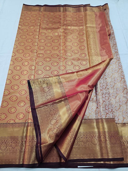 Orange And Gold Kanchipuram Pure Silk Saree With Floral Buta – Kanchipuram Lakshaya Silks