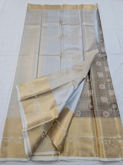 Gold And Cream Kanchipuram Pure Silk Saree With Floral Motif In Border – Kanchipuram Lakshaya Silks