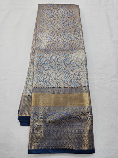 Blue And Gold Kanchipuram Pure Silk Saree With Striped Pattern – Kanchipuram Lakshaya Silks