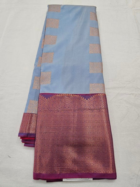 Gold And Blue Kanchipuram Pure Silk Saree With Checked Pattern
