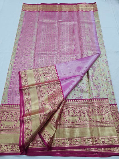 Pink And Gold Kanchipuram Pure Silk Saree With Floral Buta – Kanchipuram Lakshaya Silks