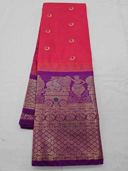 Maroon And Yellow Kanchipuram Pure Silk Saree With Temple Border