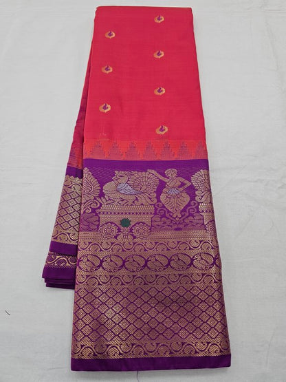 Maroon And Yellow Kanchipuram Pure Silk Saree With Temple Border – Kanchipuram Lakshaya Silks