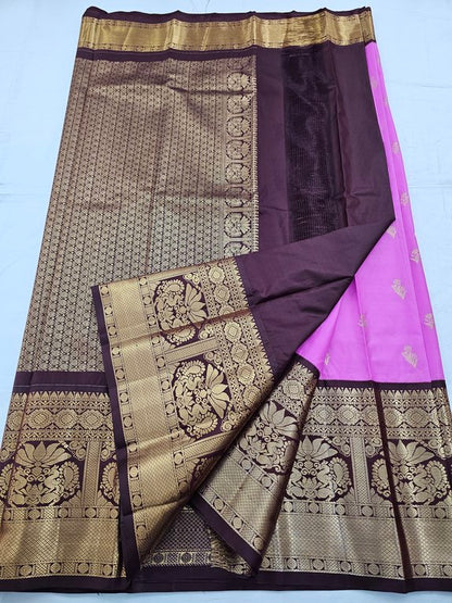 Black And Pink Kanchipuram Pure Silk Saree With Floral Buta – Kanchipuram Lakshaya Silks