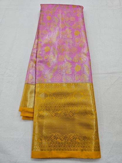 Pink And Yellow Kanchipuram Pure Silk Saree With Paisley – Kanchipuram Lakshaya Silks