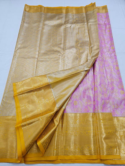 Pink And Yellow Kanchipuram Pure Silk Saree With Paisley – Kanchipuram Lakshaya Silks