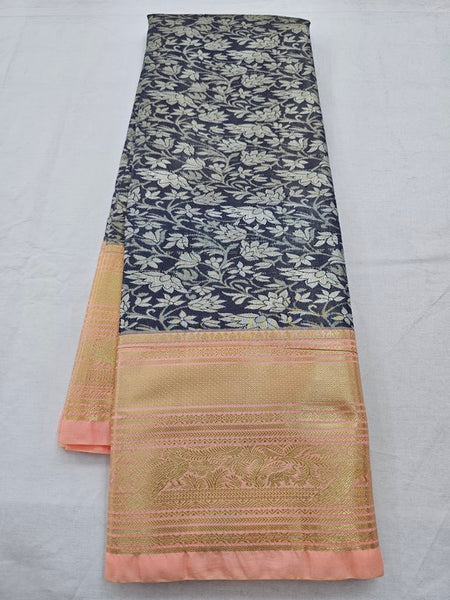 Blue And Black Kanchipuram Pure Silk Saree With Floral Buta