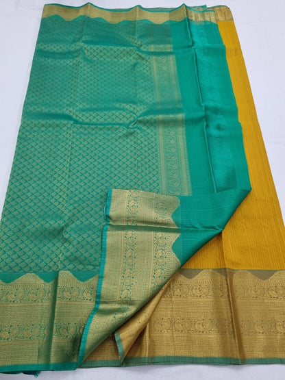 Yellow And Blue Kanchipuram Pure Silk Saree With Grand Pallu – Kanchipuram Lakshaya Silks