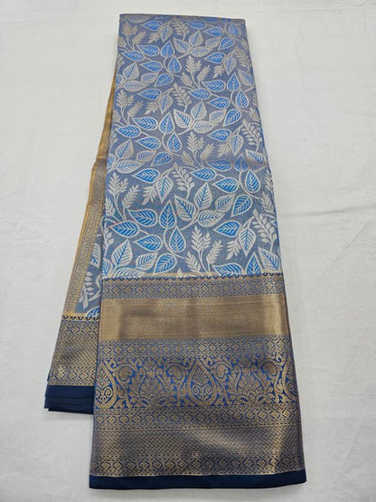 Gold And Blue Kanchipuram Pure Silk Saree With Floral Buta – Kanchipuram Lakshaya Silks