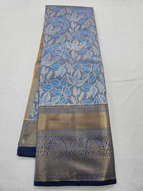 Gold And Blue Kanchipuram Pure Silk Saree With Floral Buta – Kanchipuram Lakshaya Silks