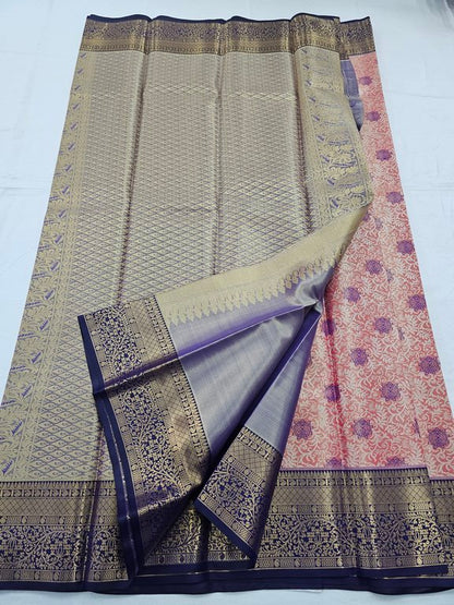Purple And Red Kanchipuram Pure Silk Saree With Intricate Floral Pattern – Kanchipuram Lakshaya Silks
