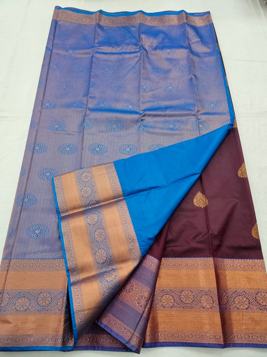 Maroon And Teal Kanchipuram Pure Silk Saree With Floral Buta – Kanchipuram Lakshaya Silks