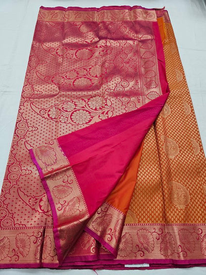 Red And Gold Kanchipuram Pure Silk Saree With Floral Motif – Kanchipuram Lakshaya Silks