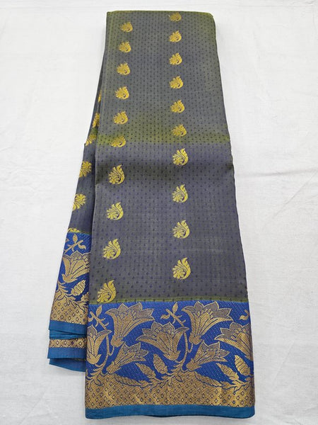Blue And Gold Kanchipuram Pure Silk Saree With Floral Buta