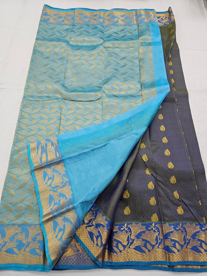 Blue And Gold Kanchipuram Pure Silk Saree With Floral Buta – Kanchipuram Lakshaya Silks