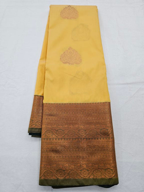 Yellow And Brown Kanchipuram Pure Silk Saree With Striped Pattern – Kanchipuram Lakshaya Silks