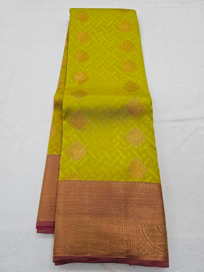 Yellow And Green Kanchipuram Pure Silk Saree With Striped Pattern – Kanchipuram Lakshaya Silks