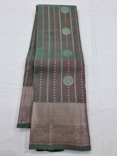 Brown And Green Kanchipuram Pure Silk Saree With Striped Pattern