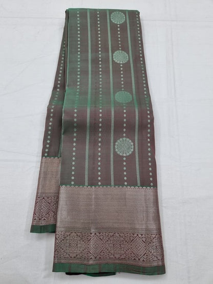 Brown And Green Kanchipuram Pure Silk Saree With Striped Pattern – Kanchipuram Lakshaya Silks