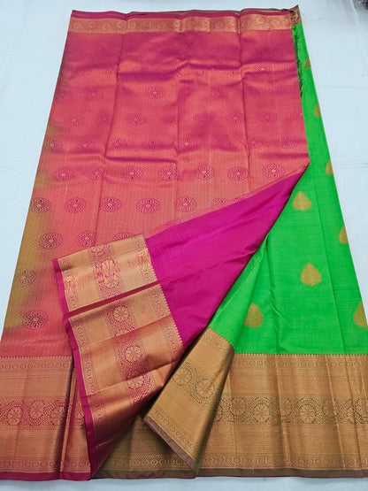 Green And Yellow Kanchipuram Pure Silk Saree With Floral Motif