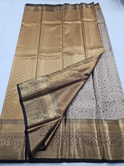 Gold And Black Kanchipuram Pure Silk Saree With Floral Design On Border