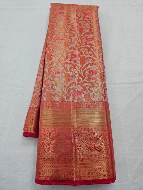 Pink And Red Kanchipuram Pure Silk Saree With Floral Motif – Kanchipuram Lakshaya Silks