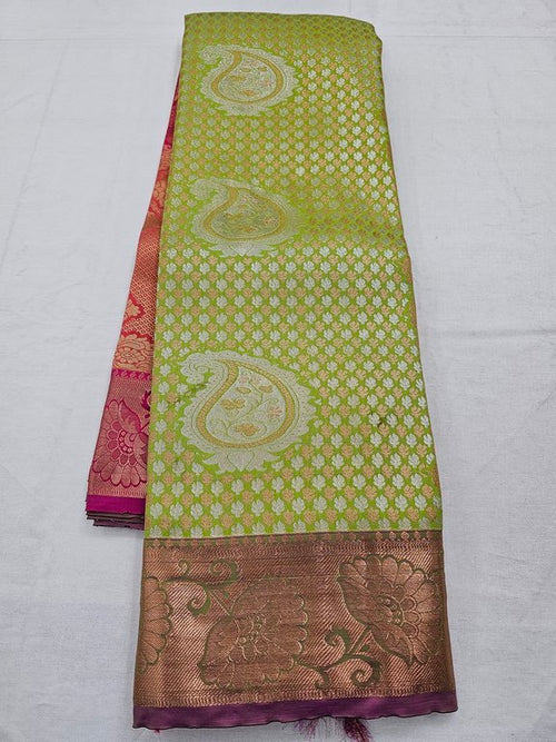 Yellow And Green Kanchipuram Pure Silk Saree With Diamond Pattern – Kanchipuram Lakshaya Silks