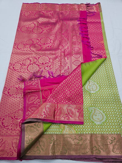 Yellow And Green Kanchipuram Pure Silk Saree With Diamond Pattern