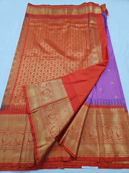 Maroon And White Kanchipuram Pure Silk Saree With Temple Border
