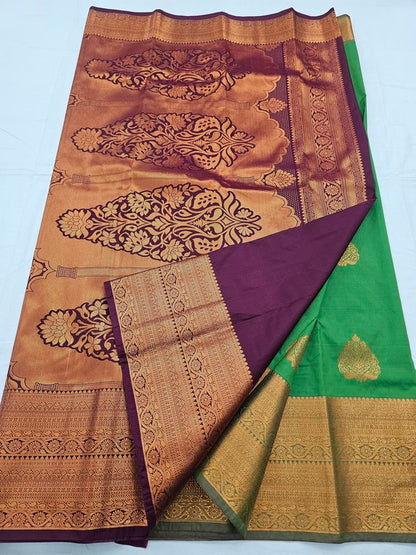 Yellow And Green Kanchipuram Pure Silk Saree With Embroidered Paisley Motif – Kanchipuram Lakshaya Silks