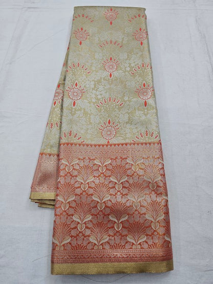 Red And Cream Kanchipuram Pure Silk Saree With Temple Border – Kanchipuram Lakshaya Silks