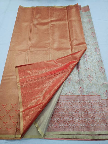 Red And Cream Kanchipuram Pure Silk Saree With Temple Border