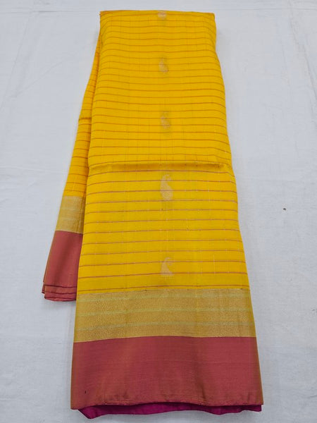 Yellow And Maroon Kanchipuram Pure Silk Saree With Diamond Pattern
