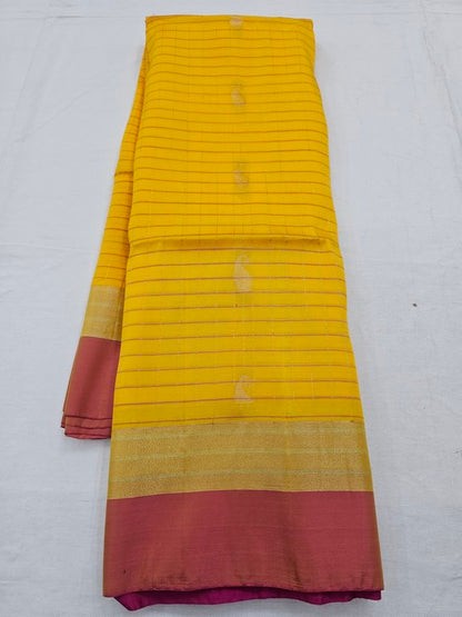 Yellow And Maroon Kanchipuram Pure Silk Saree With Diamond Pattern – Kanchipuram Lakshaya Silks