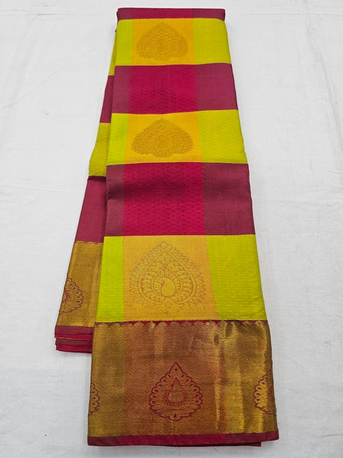 Maroon And Yellow Kanchipuram Pure Silk Saree With Paisley Motif On Pallu – Kanchipuram Lakshaya Silks