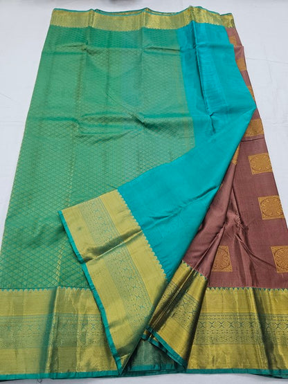 Gold Yellow And Teal Green Kanchipuram Pure Silk Sarees – Kanchipuram Lakshaya Silks