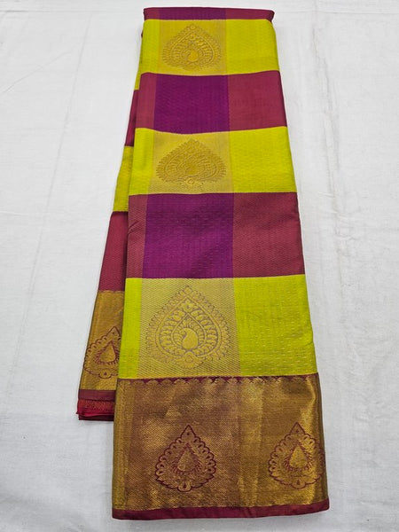 Pink And Yellow Kanchipuram Pure Silk Saree With Woven Border