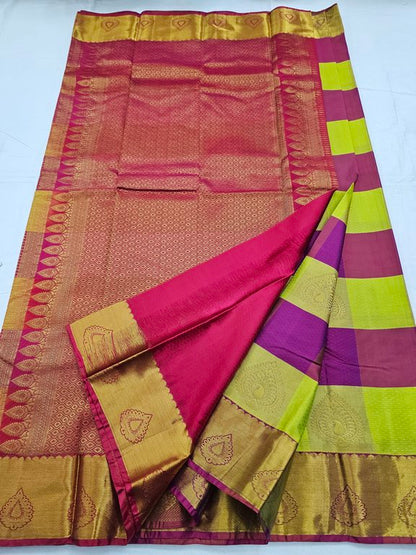 Pink And Yellow Kanchipuram Pure Silk Saree With Woven Border – Kanchipuram Lakshaya Silks