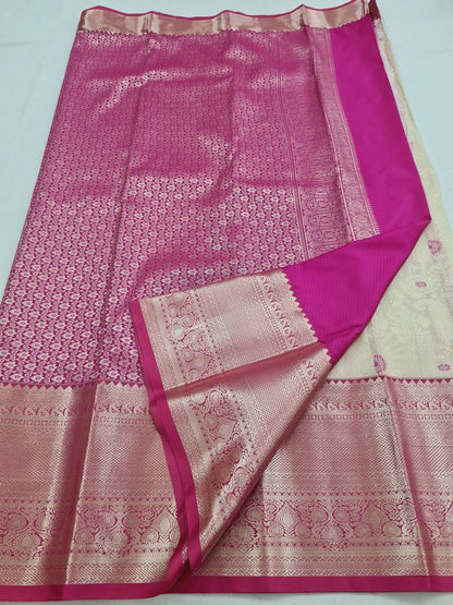 Beige And Pink Kanchipuram Pure Silk Sarees