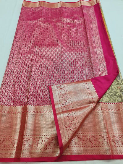 Mustard Green And Pink Kanchipuram Pure Silk Sarees 112