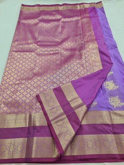 Purple And Gold Kanchipuram Pure Silk Saree With Floral Motif