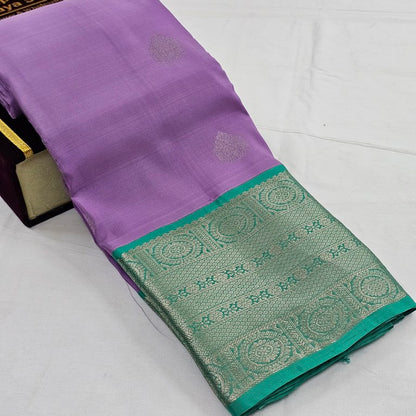 Pure Fancy Silk, Soft Satin Blends, Lightweight Fancy Weaves Purple And Light Blue Kanchipuram Pure Silk…