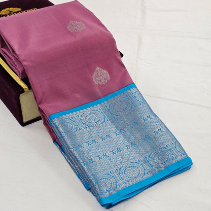 Pink And Light Blue Kanchipuram Pure Silk Saree With Temple Border – Kanchipuram Lakshaya Silks