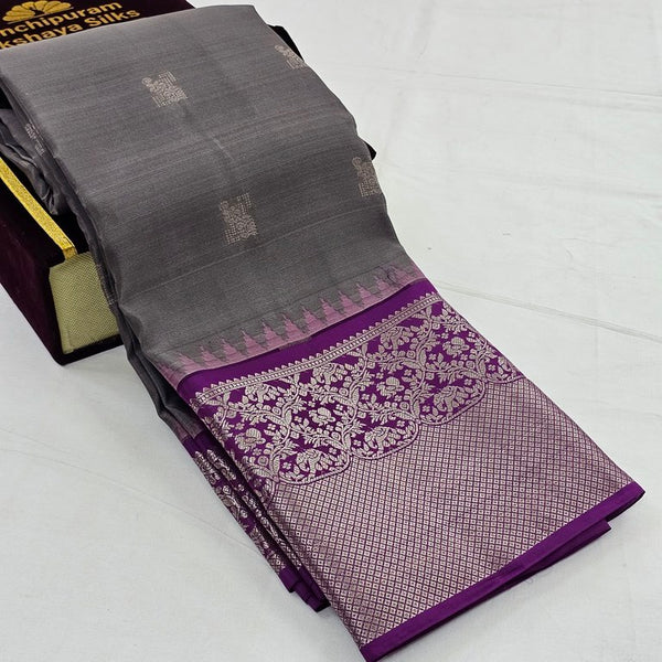 Purple And Beige Kanchipuram Pure Silk Saree With Floral Border