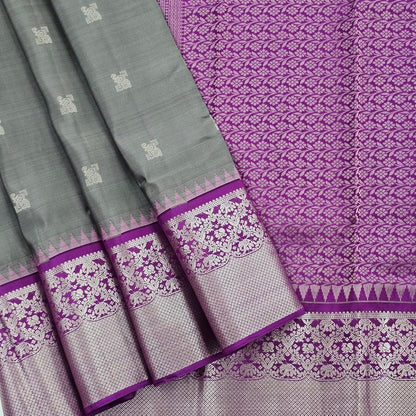 Purple And Beige Kanchipuram Pure Silk Saree With Floral Border