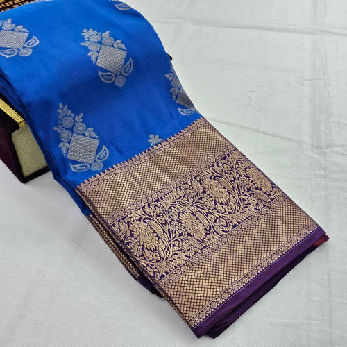 Light Blue And Mustard Kanchipuram Pure Silk Saree With Striped Pattern – Kanchipuram Lakshaya Silks