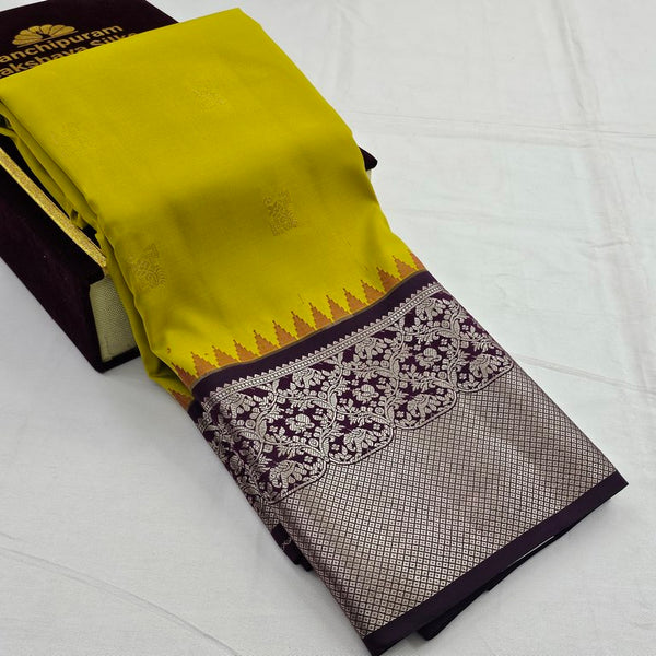 Yellow And Brown Kanchipuram Pure Silk Saree With Floral Buta